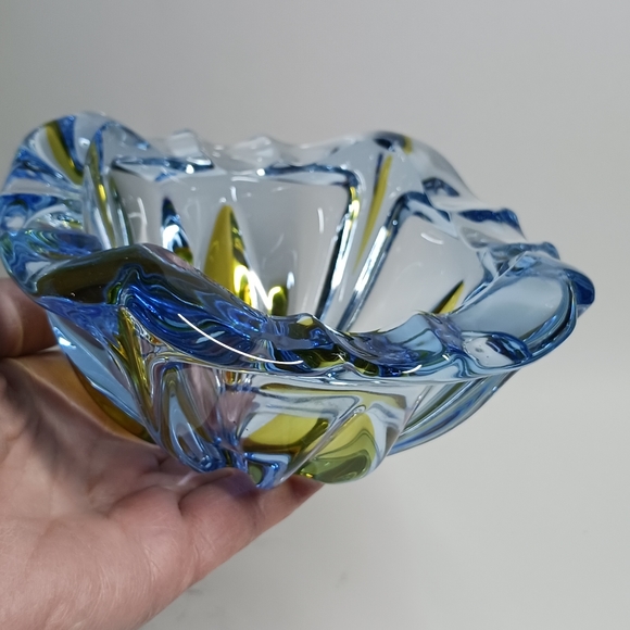 Art Glass Murano Style Light Blue and Yellow Cigar Ashtray - Picture 4 of 7